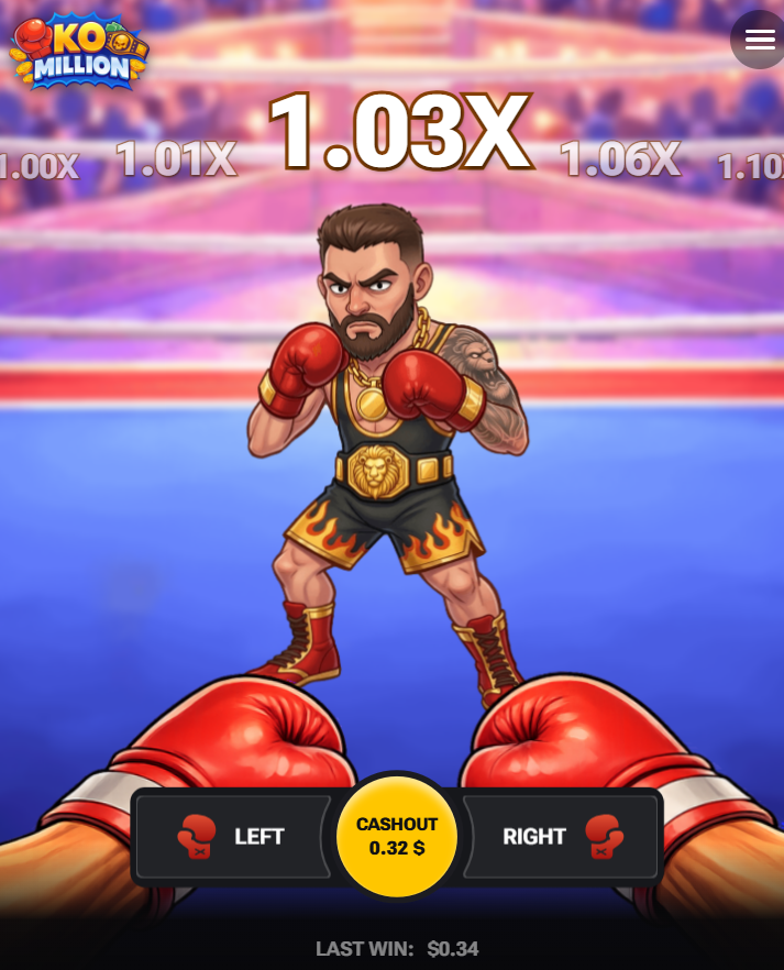 KO Million app français inscription argent avis : boutons Left, Right et Cashout sur mobile