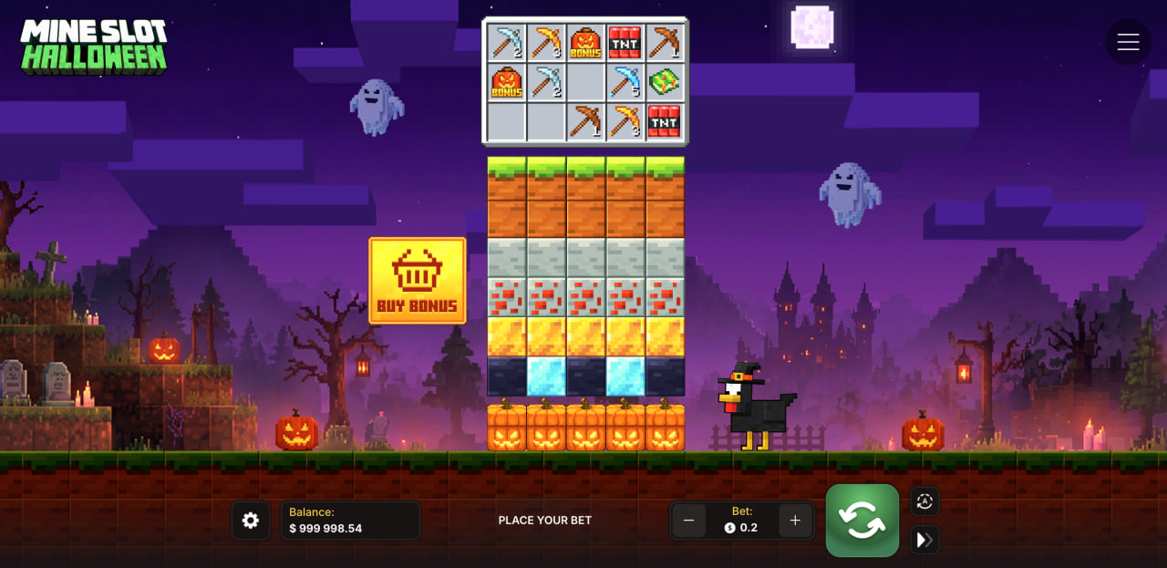 Mine Slot Halloween avis arnaque casino démo jeu : colonnes de blocs, outils et bouton Buy Bonus