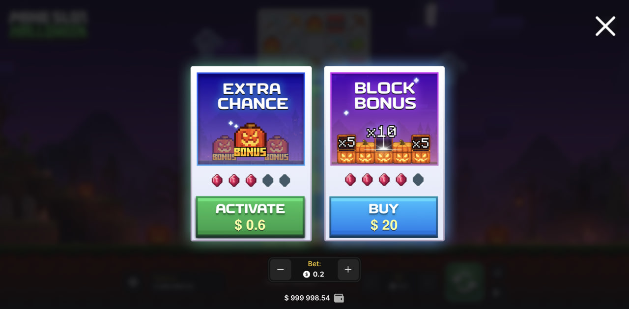 Mine Slot Halloween jeu d'argent demo gratuite bonus code promo : fenêtre Extra Chance et Block Bonus sur ordinateur